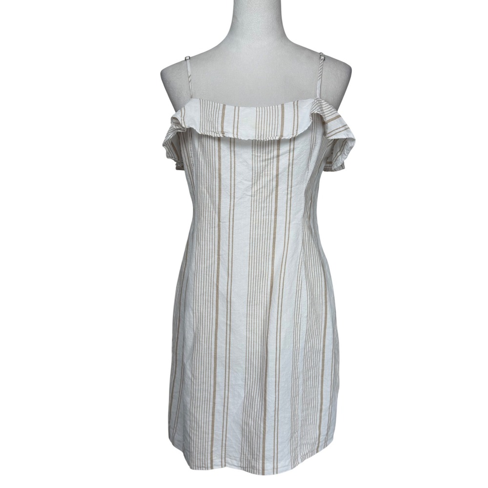 Forever 21 Women Dress L White Tan Striped Ruffle Spaghetti Strap Mini